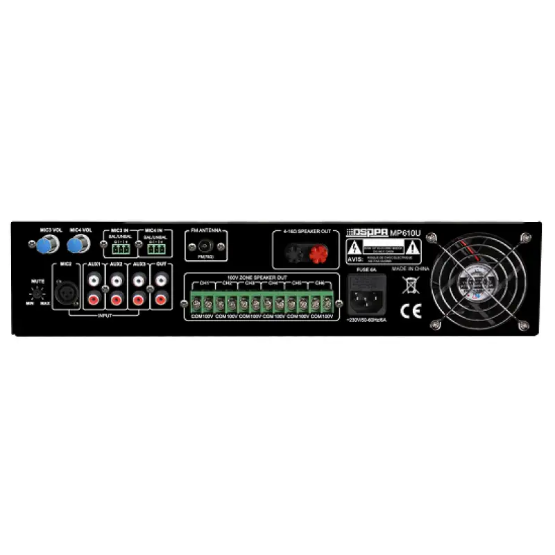 Amplificator 250W cu mixer DSPPA MP610U, 6 zone, USB/SD/Tuner, 4Mic si 3AUX, 100V & 4-16 Ohmi